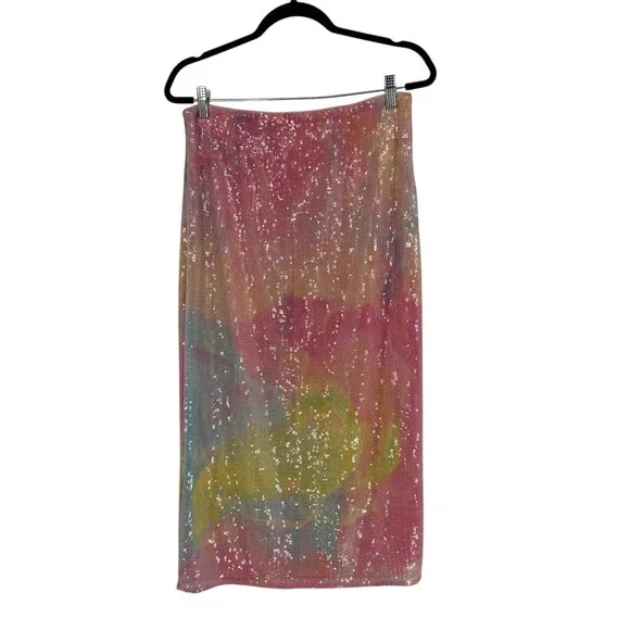 Hutch Anthropologie Rainbow Ombré Sequin Mesh Midi Slip Skirt Size M - Picture 6 of 11